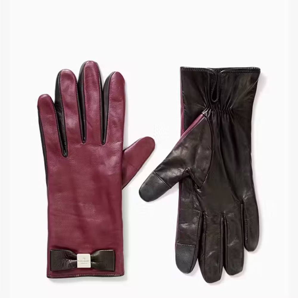 Kate spade touchscreen Burgundy and Black Leather Gloves with bow